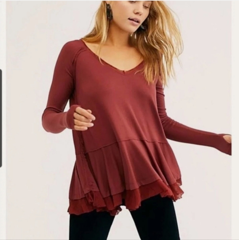 We The Free Thermal Swing Tunic Top Cranberry Bohemian Lagenlook‎ Size Medium